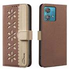 For Motorola Edge 40 Neo Splicing Color Hollow Flower Pattern RFID Leather Phone Case(Brown) - 1