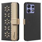 For Motorola Edge 50 Pro Splicing Color Hollow Flower Pattern RFID Leather Phone Case(Black) - 1