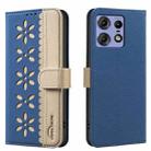 For Motorola Edge 50 Pro Splicing Color Hollow Flower Pattern RFID Leather Phone Case(Dark Blue) - 1