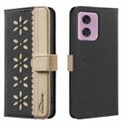 For Motorola Moto G04 / G24 / E14 Splicing Color Hollow Flower Pattern RFID Leather Phone Case(Black) - 1