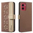 For Motorola Moto G05 / E15 Splicing Color Hollow Flower Pattern RFID Leather Phone Case(Brown) - 1
