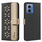 For Motorola Moto G34 Splicing Color Hollow Flower Pattern RFID Leather Phone Case(Black) - 1