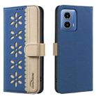 For Motorola Moto G34 Splicing Color Hollow Flower Pattern RFID Leather Phone Case(Dark Blue) - 1