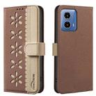 For Motorola Moto G34 Splicing Color Hollow Flower Pattern RFID Leather Phone Case(Brown) - 1