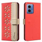 For Motorola Moto G34 Splicing Color Hollow Flower Pattern RFID Leather Phone Case(Red) - 1