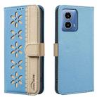 For Motorola Moto G34 Splicing Color Hollow Flower Pattern RFID Leather Phone Case(Baby Blue) - 1