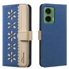 For Motorola Moto G35 Splicing Color Hollow Flower Pattern RFID Leather Phone Case(Dark Blue) - 1
