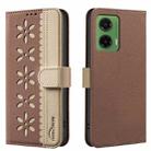 For Motorola Moto G35 Splicing Color Hollow Flower Pattern RFID Leather Phone Case(Brown) - 1