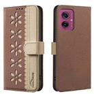 For Motorola Moto G55 Splicing Color Hollow Flower Pattern RFID Leather Phone Case(Brown) - 1