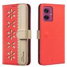 For Motorola Moto G55 Splicing Color Hollow Flower Pattern RFID Leather Phone Case(Red) - 1