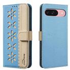 For Google Pixel 9 / 9 Pro Splicing Color Hollow Flower Pattern RFID Leather Phone Case(Baby Blue) - 1