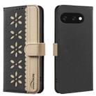 For Google Pixel 9a Splicing Color Hollow Flower Pattern RFID Leather Phone Case(Black) - 1