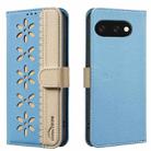For Google Pixel 9a Splicing Color Hollow Flower Pattern RFID Leather Phone Case(Baby Blue) - 1