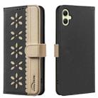 For Samsung Galaxy A05 Splicing Color Hollow Flower Pattern RFID Leather Phone Case(Black) - 1