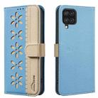 For Samsung Galaxy A12 Splicing Color Hollow Flower Pattern RFID Leather Phone Case(Baby Blue) - 1