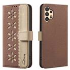 For Samsung Galaxy A13 Splicing Color Hollow Flower Pattern RFID Leather Phone Case(Brown) - 1