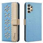 For Samsung Galaxy A13 Splicing Color Hollow Flower Pattern RFID Leather Phone Case(Baby Blue) - 1