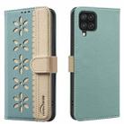 For Samsung Galaxy A22 4G Splicing Color Hollow Flower Pattern RFID Leather Phone Case(Green) - 1