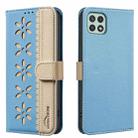 For Samsung Galaxy A22 5G Splicing Color Hollow Flower Pattern RFID Leather Phone Case(Baby Blue) - 1