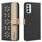 For Samsung Galaxy A23 / M23 / M13 4G Splicing Color Hollow Flower Pattern RFID Leather Phone Case(Black) - 1