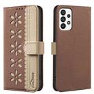 For Samsung Galaxy A53 Splicing Color Hollow Flower Pattern RFID Leather Phone Case(Brown) - 1