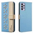 For Samsung Galaxy A72 Splicing Color Hollow Flower Pattern RFID Leather Phone Case(Baby Blue) - 1