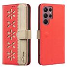 For Samsung Galaxy S22 Ultra 5G Splicing Color Hollow Flower Pattern RFID Leather Phone Case(Red) - 1