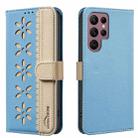 For Samsung Galaxy S22 Ultra 5G Splicing Color Hollow Flower Pattern RFID Leather Phone Case(Baby Blue) - 1