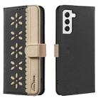 For Samsung Galaxy S22 5G Splicing Color Hollow Flower Pattern RFID Leather Phone Case(Black) - 1