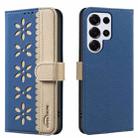 For Samsung Galaxy S24 Ultra 5G Splicing Color Hollow Flower Pattern RFID Leather Phone Case(Dark Blue) - 1