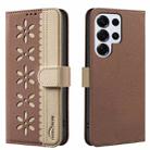 For Samsung Galaxy S24 Ultra 5G Splicing Color Hollow Flower Pattern RFID Leather Phone Case(Brown) - 1