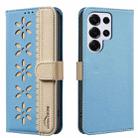 For Samsung Galaxy S24 Ultra 5G Splicing Color Hollow Flower Pattern RFID Leather Phone Case(Baby Blue) - 1