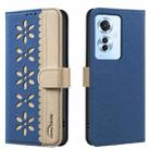 For OPPO Reno11 F Splicing Color Hollow Flower Pattern RFID Leather Phone Case(Dark Blue) - 1