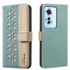 For OPPO Reno11 F Splicing Color Hollow Flower Pattern RFID Leather Phone Case(Green) - 1