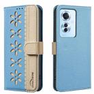 For OPPO Reno11 F Splicing Color Hollow Flower Pattern RFID Leather Phone Case(Baby Blue) - 1