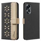 For OPPO A58 4G Splicing Color Hollow Flower Pattern RFID Leather Phone Case(Black) - 1