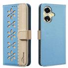For OPPO A59 5G Splicing Color Hollow Flower Pattern RFID Leather Phone Case(Baby Blue) - 1