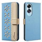 For OPPO A60 4G Splicing Color Hollow Flower Pattern RFID Leather Phone Case(Baby Blue) - 1