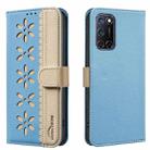 For OPPO A72 / A52 / A92 Splicing Color Hollow Flower Pattern RFID Leather Phone Case(Baby Blue) - 1