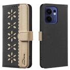 For OPPO Reno13 F 5G Splicing Color Hollow Flower Pattern RFID Leather Phone Case(Black) - 1