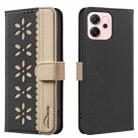 For OPPO Reno14 F 5G Splicing Color Hollow Flower Pattern RFID Leather Phone Case(Black) - 1