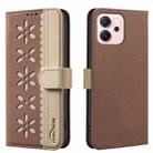 For OPPO Reno14 F 5G Splicing Color Hollow Flower Pattern RFID Leather Phone Case(Brown) - 1