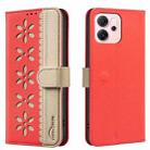 For OPPO Reno14 F 5G Splicing Color Hollow Flower Pattern RFID Leather Phone Case(Red) - 1