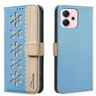 For OPPO Reno14 F 5G Splicing Color Hollow Flower Pattern RFID Leather Phone Case(Baby Blue) - 1