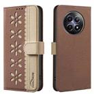 For Realme 12 5G Global Splicing Color Hollow Flower Pattern RFID Leather Phone Case(Brown) - 1