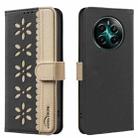 For Realme 12+ 5G Splicing Color Hollow Flower Pattern RFID Leather Phone Case(Black) - 1