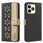 For Realme C53 Splicing Color Hollow Flower Pattern RFID Leather Phone Case(Black) - 1