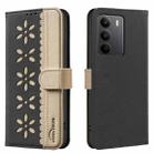 For Realme C75 4G Splicing Color Hollow Flower Pattern RFID Leather Phone Case(Black) - 1
