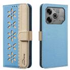 For Tecno Pova 6 / Pova 6 Pro 5G Splicing Color Hollow Flower Pattern RFID Leather Phone Case(Baby Blue) - 1