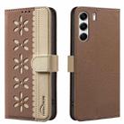 For Tecno Camon 40 Pro 4G Splicing Color Hollow Flower Pattern RFID Leather Phone Case(Brown) - 1